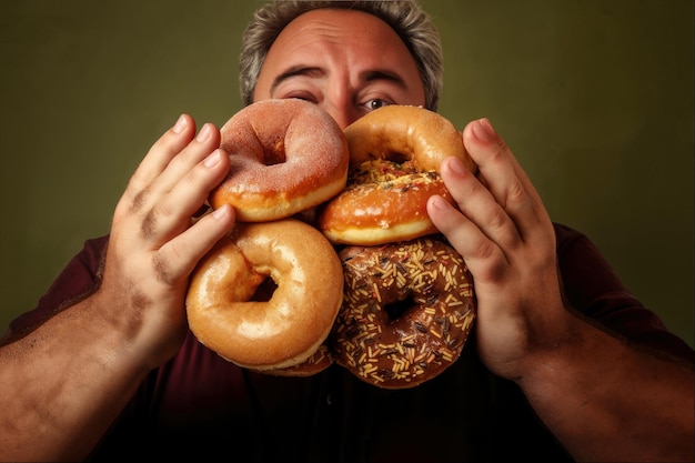 Foto man die door gestapelde donuts kijkt