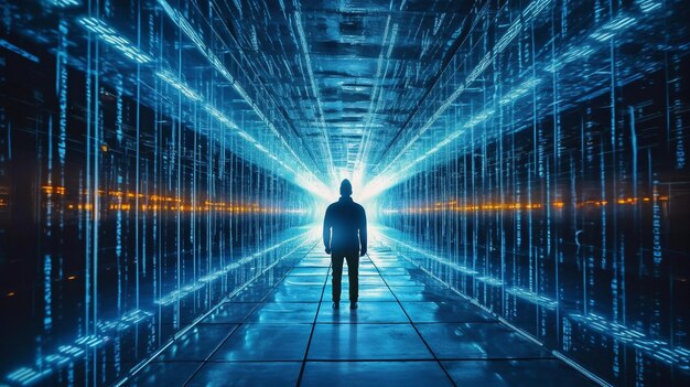 Man die een codelit tunnel binnengaat met kunstmatige intelligentie gegenereerd door AI
