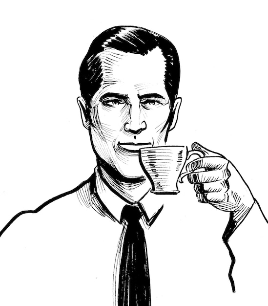 Man die een kopje koffie drinkt. Inkt zwart-wit tekening
