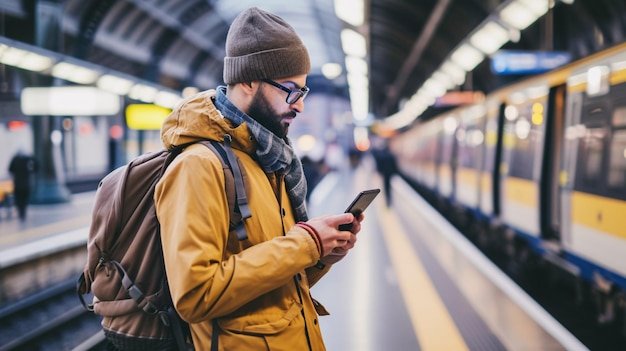 Man die een mobiele app op zijn mobiele telefoon gebruikt op een treinstation voor een werkreis