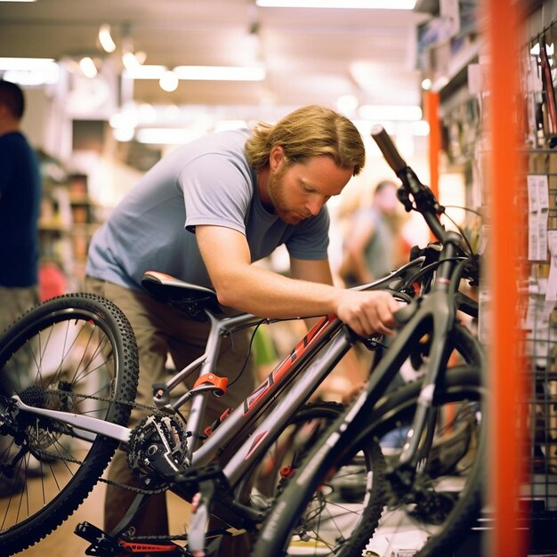 man die een mountainbike koopt in een fietswinkel