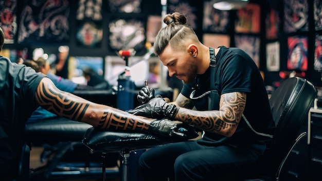 Man die een tatoeage doet in een tatoeagesalon