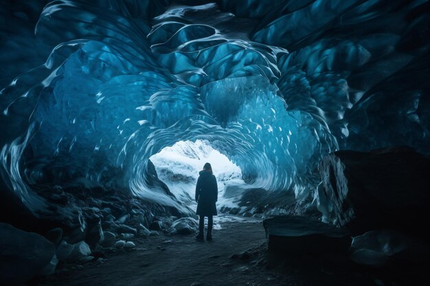 Foto man die een verbazingwekkende gletsjergrot in ijsland verkent