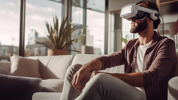 man die een virtual reality headset draagt woonkamer op de achtergrond technologie concept Generatieve AI