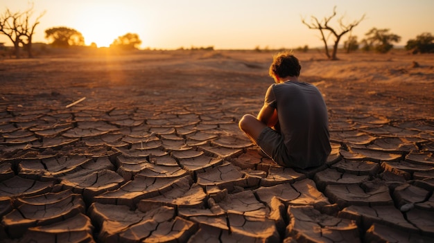 man die er dorstig uitziet, zit wanhopig vanwege de droogte in een wereld zonder water