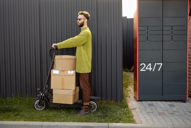 Man die goederen aflevert met een elektrische scooter