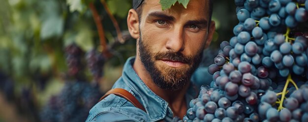 Man die in de wijngaard werkt en druiven oogst voor de wijnproductie Concept Landbouw Wijnmaken Oogstseizoen Druivenoogst Wijngaardwerk