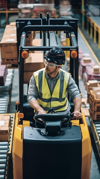 Man die in een magazijn werkt en een vorkheftruck rijdt