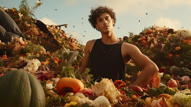 Man die in een veld van bloemen en vruchten staat Aardedag