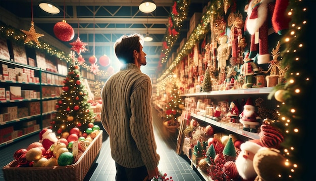 man die in een winkel staat met veel kerstversieringen die zich voorbereiden op de kerstvakanties