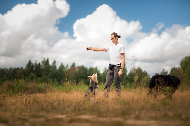 Man die met honden speelt terwijl hij op grasland tegen bewolkte lucht staat