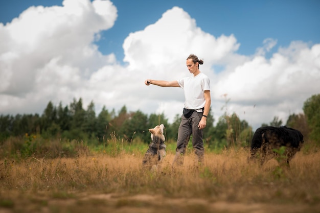 Foto man die met honden speelt terwijl hij op grasland tegen bewolkte lucht staat