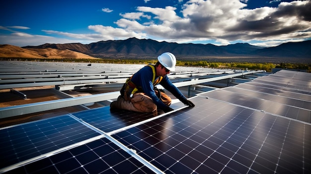 man die met zonnepanelen werkt