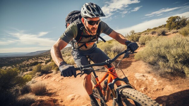 Man die mountainbiken beoefent met een schilderachtige natuur achtergrond