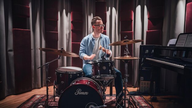 Man die muziek opneemt op een drumstel in een studio