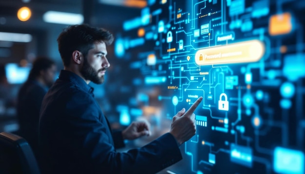 man die naar een computerscherm kijkt met een sleutel in het midden