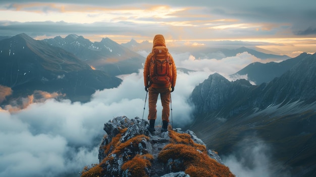 Foto man die op de top van een berg staat