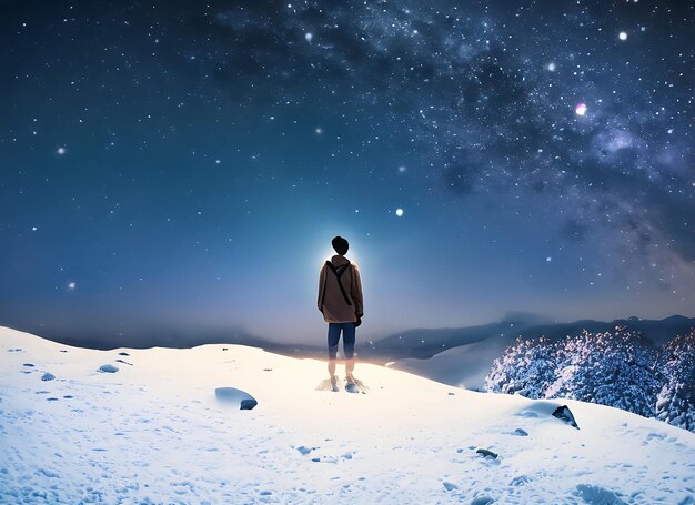 man die op de top van een met sneeuw bedekte heuvel staat onder een met sterren gevulde hemel