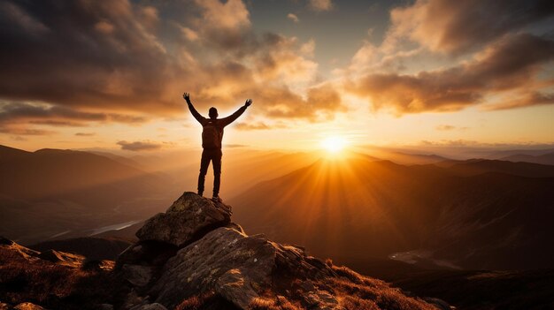 man die op een berg staat met zijn armen boven de zon.