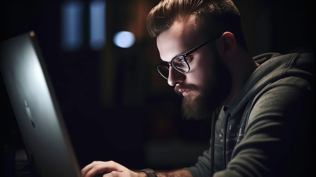 Man die plezier heeft met het werken op zijn laptop als hobby AI gegenereerd beeld