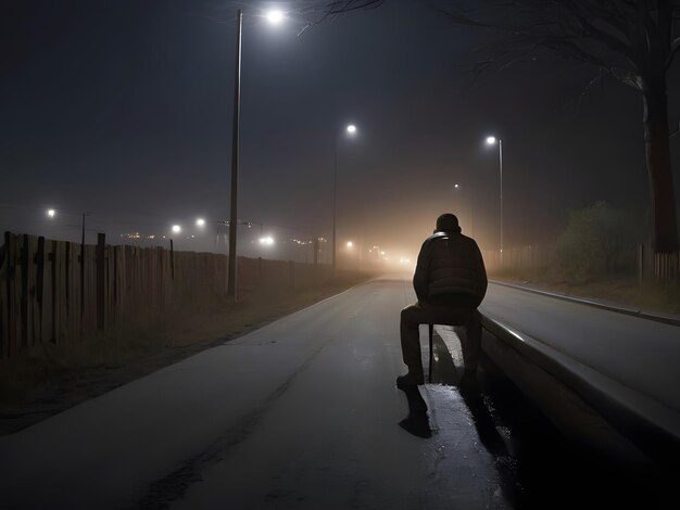 Man die's nachts in de mist aan de kant van de weg zit