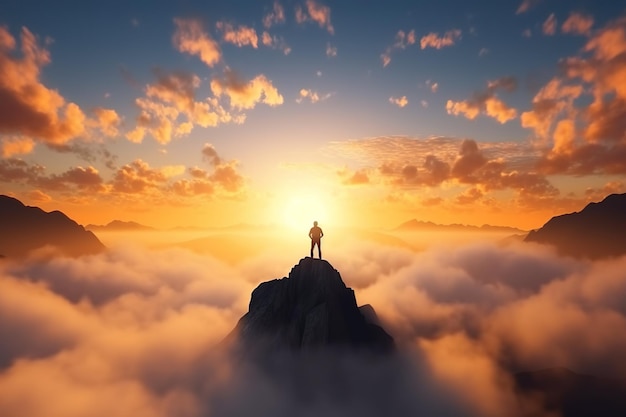 Man die's nachts op de top van de berg boven de wolken staat en zich vrij voelt Generatieve AI