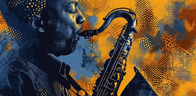 Man die saxofoon speelt op een blauw-oranje achtergrond Het concept van jazz en muzikale uitvoering