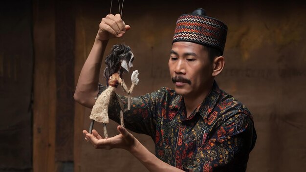 Man die schaduwpoppen speelt Centraal-Javaanse traditionele kunsten Indonesië