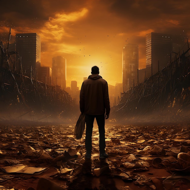 Man die staat en kijkt naar een post-apocalyptische verwoeste stad gemaakt met zonsondergang