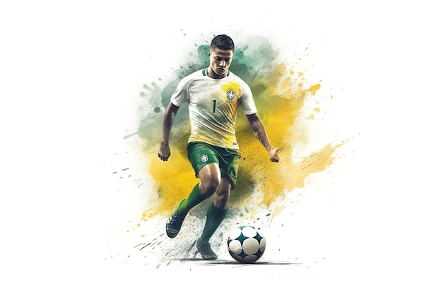 Man die voetbal oefent portret van een speler van het Braziliaanse voetbalteam Aquarel schilderij