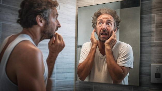 Man die voor de spiegel naar zijn kin kijkt en controleert of hij goed geschoren is Generatieve AI