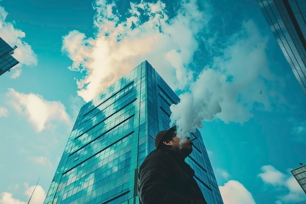 Man die voor een hoog gebouw staat