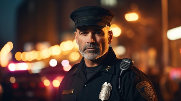 Man die werkt als politieagent of agent close-up portret wazig avond achtergrond van de stad