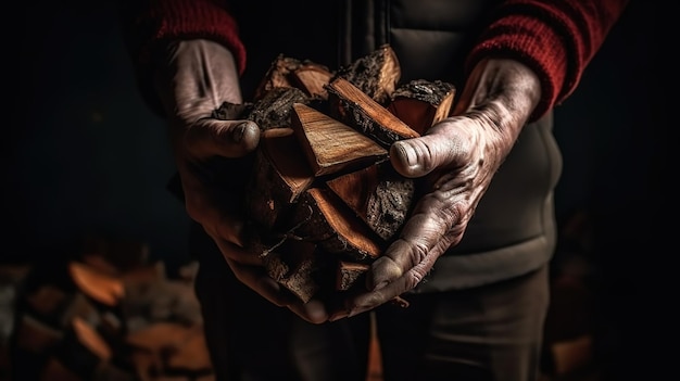 Foto man die zich in de winter bij een kampvuur opwarmt generatieve ai