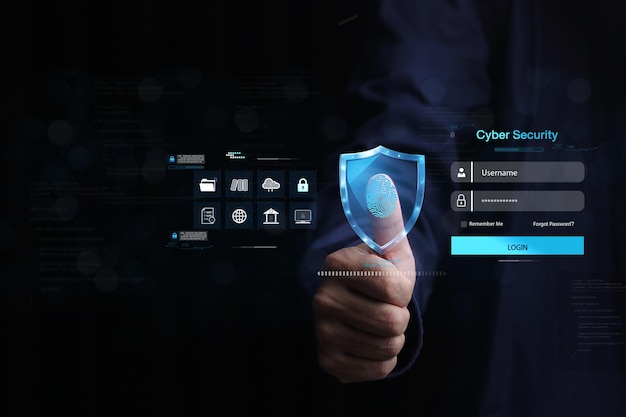 Man die zijn duim gebruikt om vingerafdrukken te scannen of om biometrische identificatie digitaal te verwerken