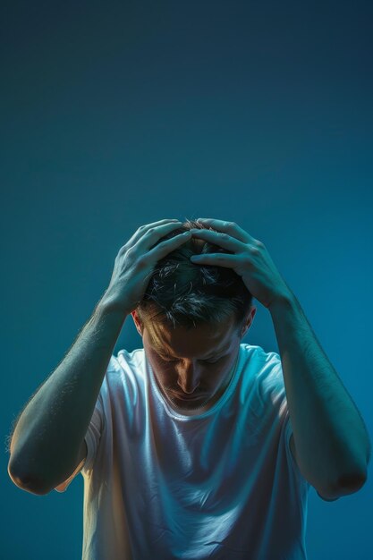 man die zijn hoofd vasthoudt hoofdpijn migraine generatieve AI