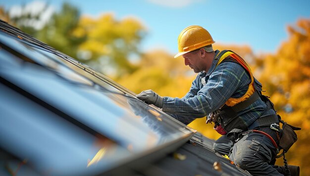 Man die zonnepanelen installeert op een zonnige dag