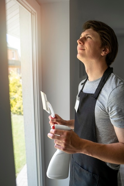 Man dienaar maakt het huis schoon