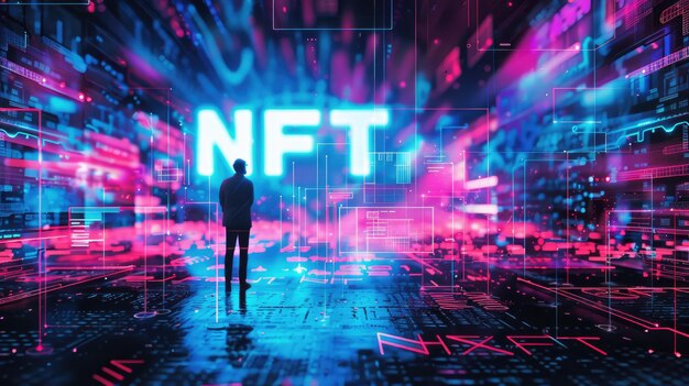 Photo man in digital world of nft modern token on cyber tech abstract background theme of blockchain crypto art data bitcoin gallery people technology