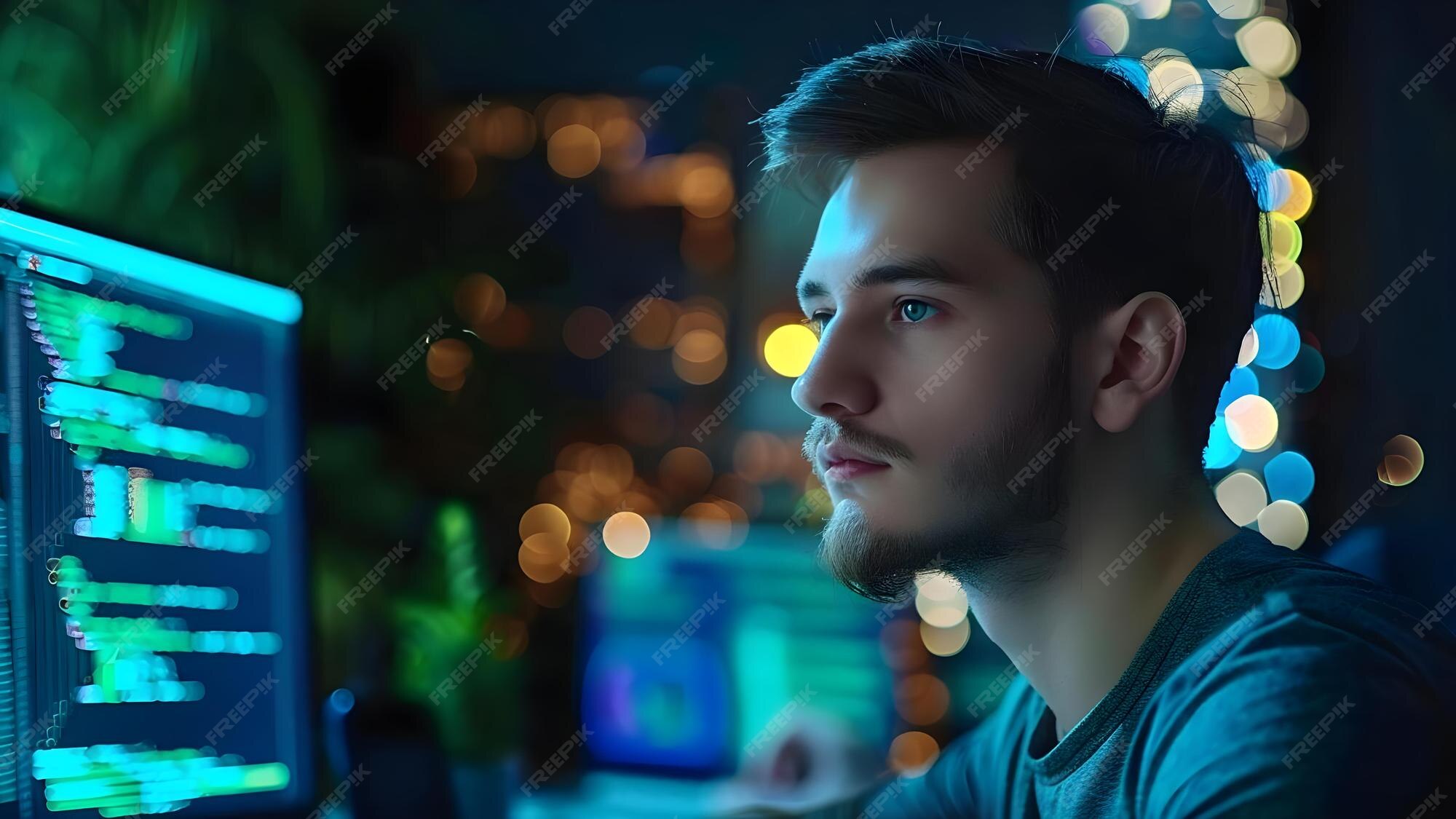 Premium Photo | Man diligently learns programming absorbing knowledge ...