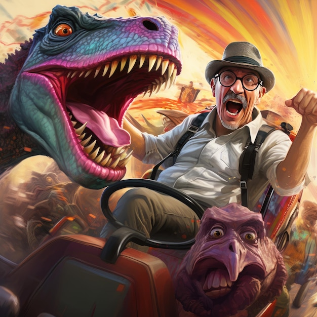 a man in a dinosaur head is riding a car with a dinosaur on the back.