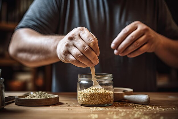 A man dipping a spoon into a jar of seasoning Generative Ai