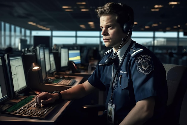 Man dispatcher in office at airport monitors the flight of aircraft Generative AI