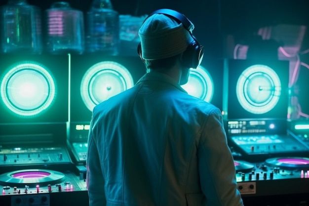 Photo a man in a dj booth with a pair of headphones in front of a set of audio speakers.