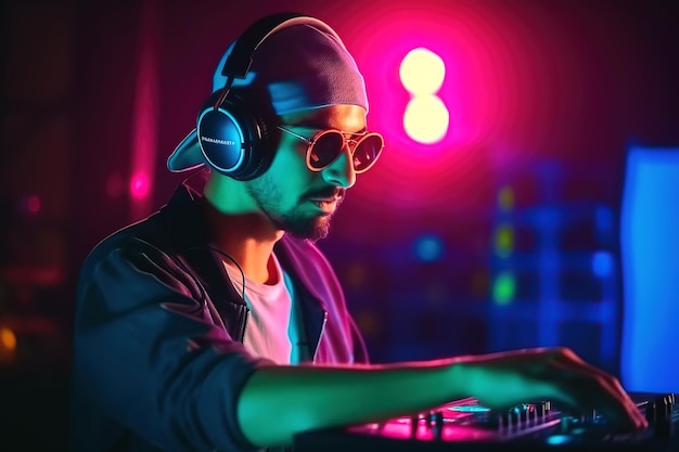 Man DJ는 나이트 클럽 Generative AI의 파티 부스에서 믹싱 보드에서 전자 음악을 재생합니다.