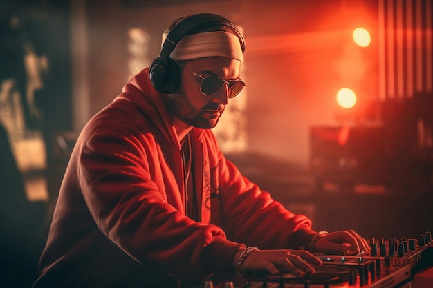 Man DJ in sunglasses at music console Generate Ai