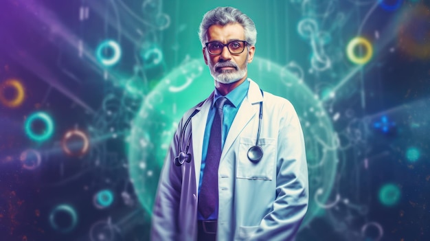 A man doctor in a lab coat stands in front of a blue background