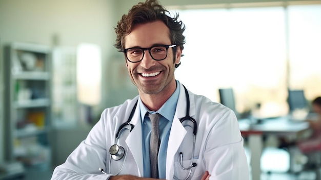 A man in a doctor's coat stands in a hospital room