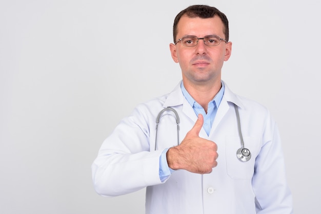 man doctor wearing eyeglasses on white