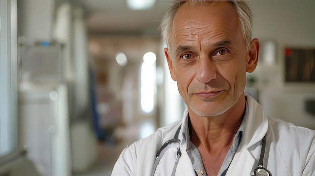 man doctor in a white coat with grey hair with a sweet smile against the background of a hospital ward The concept of modern medicine health